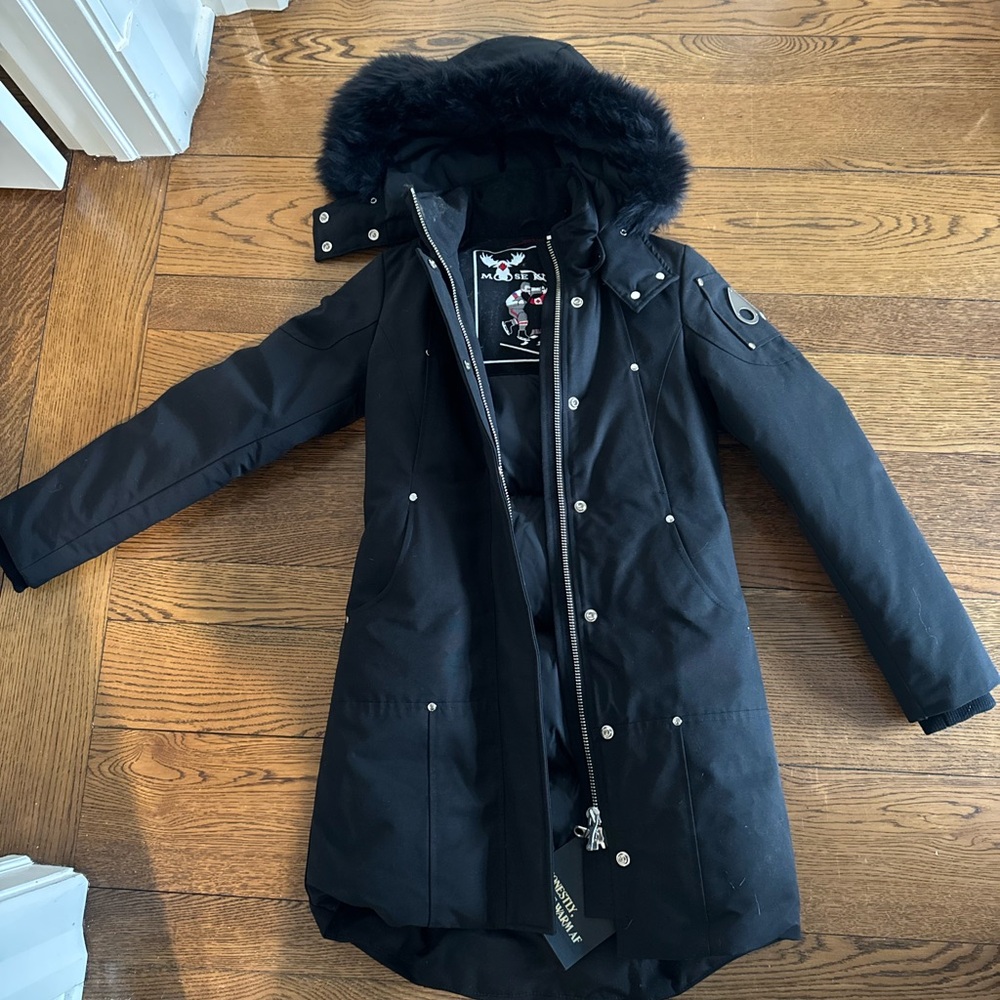 Moose Knuckles Black Parka with Fur Hood